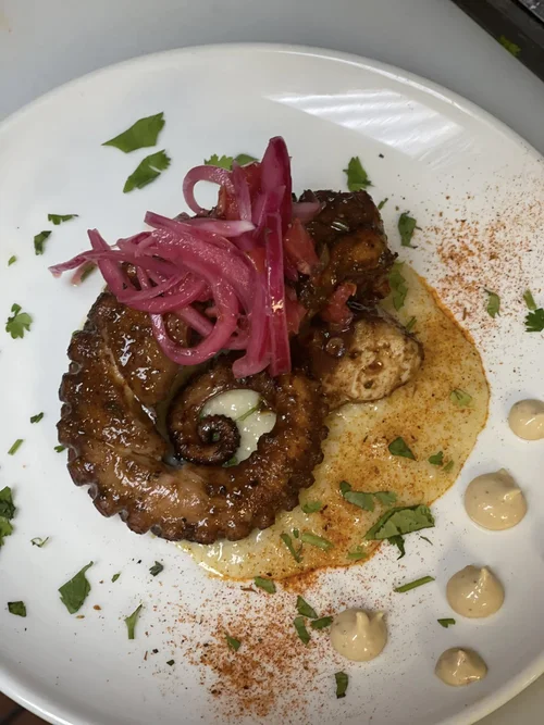 Grilled octopus tentacle topped with pickled red onions, garnished with chopped herbs, served with a creamy sauce and sprinkled with paprika on a white plate.
