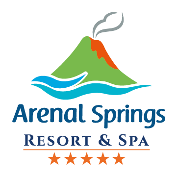 Logo of Arenal Springs Resort & Spa featuring a stylized volcano with steam, blue water, and the name in blue and orange text.