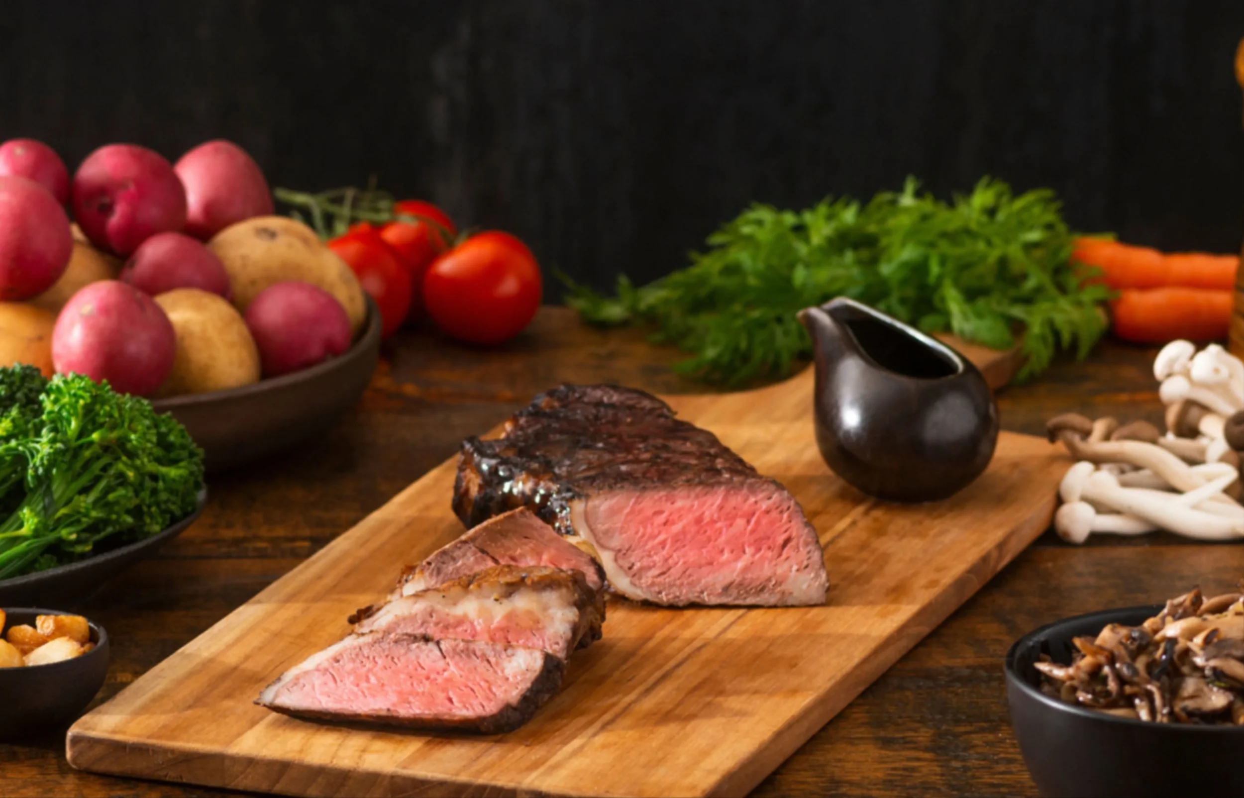 Sliced medium-rare steak on a wooden cutting board surrounded by fresh vegetables and mushrooms.