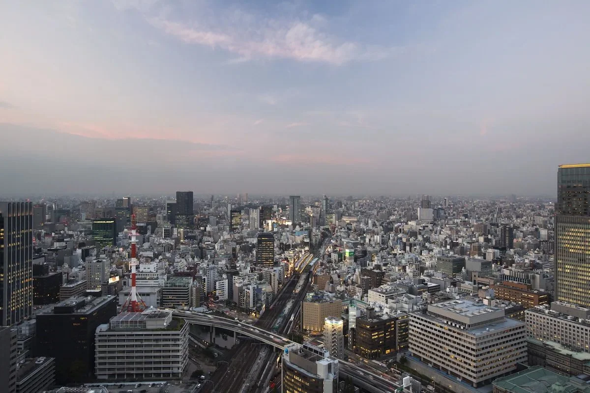 A panoramic view of a city skyline at dusk, with numerous tall buildings, a railway track, and a cloudy sky.