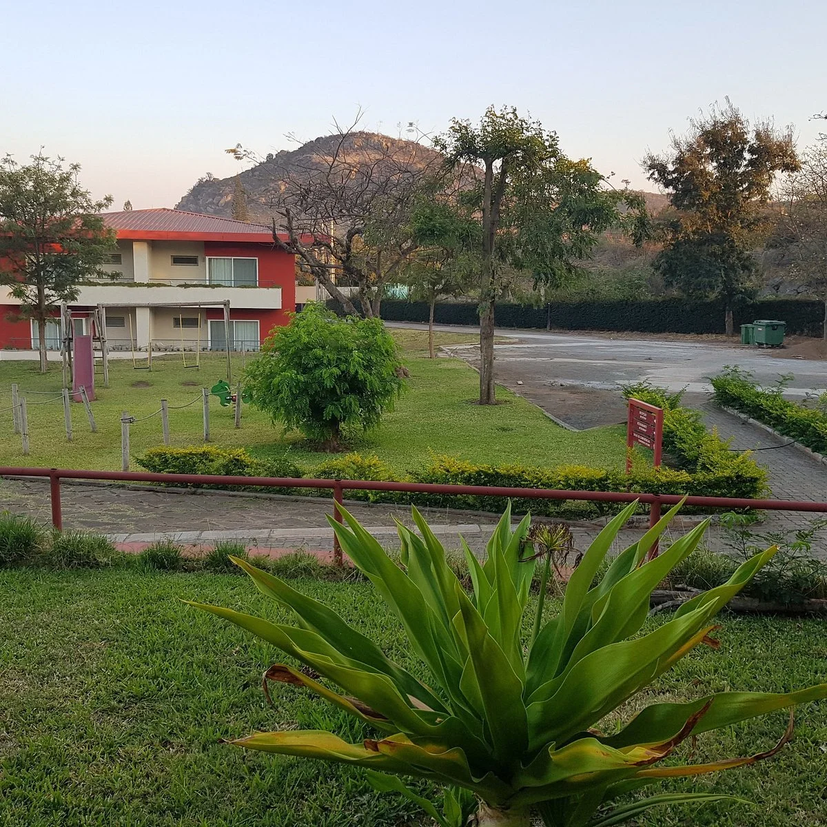 A landscaped park area with green grass, various trees, and yellow bushes, near a red and white residential building, with a mountain in the background.