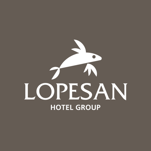 Logo for LOPESAN Hotel Group, featuring a stylized fish with fins and tail, on a brown background.