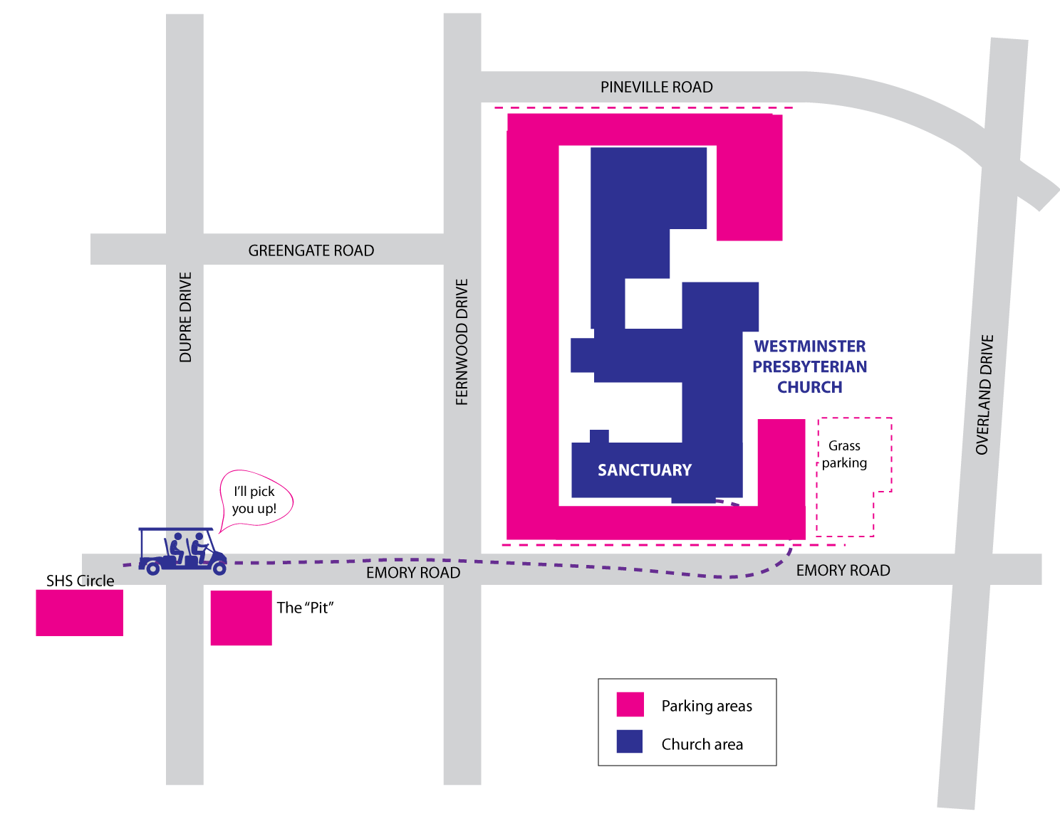 Map of Westminster Presbyterian Church with surrounding streets, parking areas, and a parking shuttle indicated by a vehicle icon.