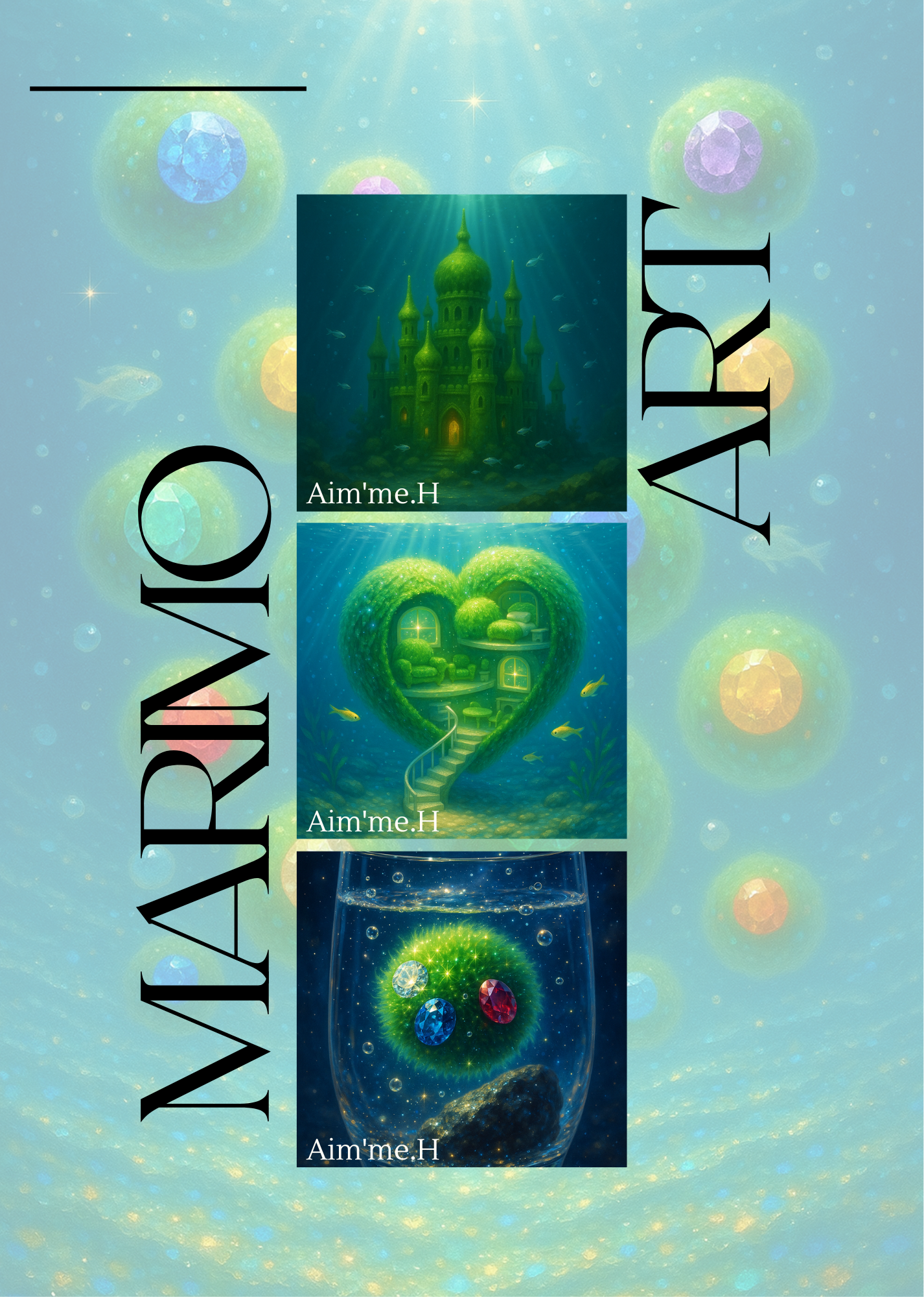 A fantasy-themed book cover titled "Narcious and Aura" featuring three illustrations: a green castle underwater, a heart-shaped lush house with windows and stairs, and a glowing orb with gemstones and a rocky surface inside a glass of water, with a light blue background and floating glowing orbs.