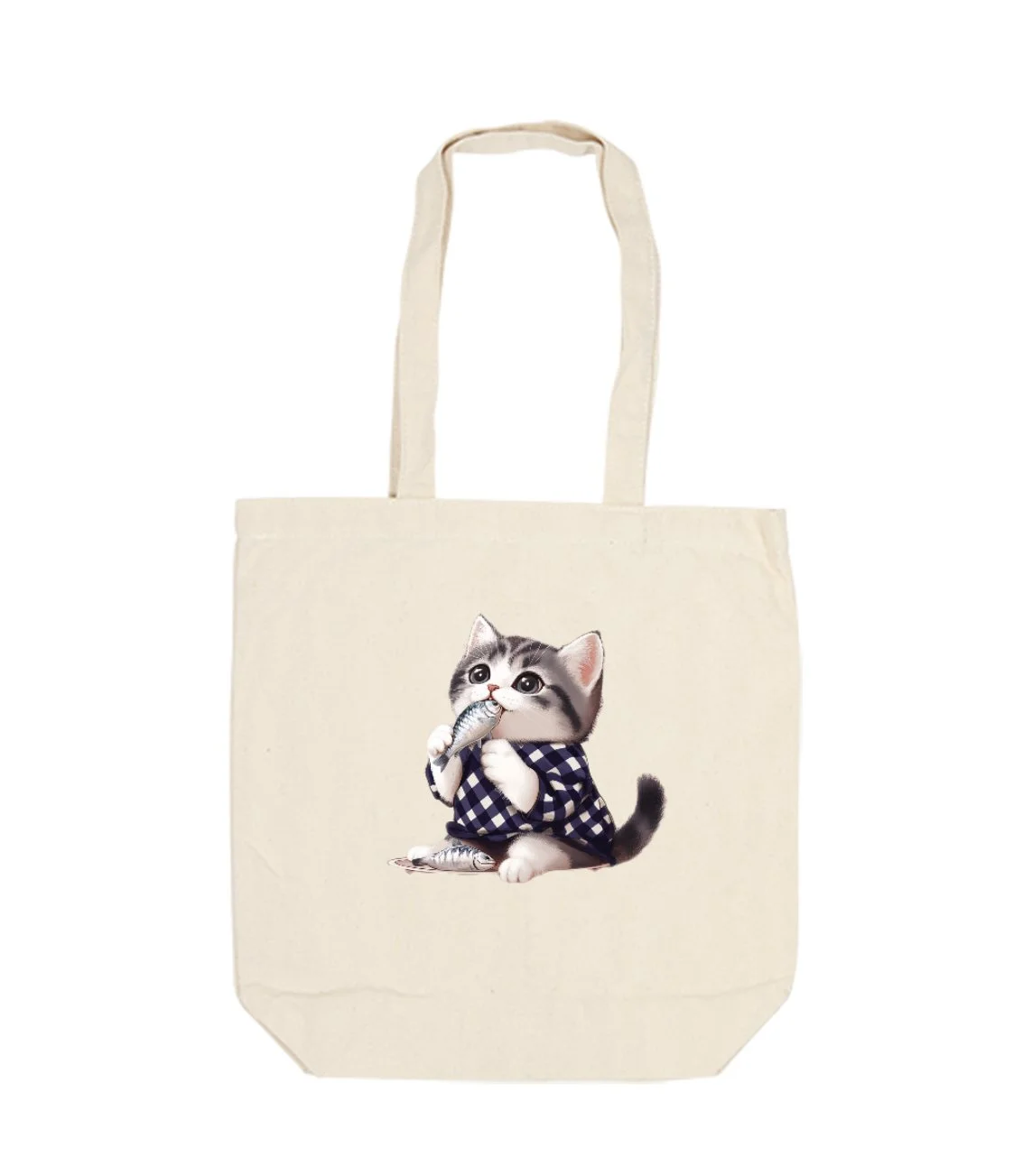 Cotton tote bag with a cartoon kitten holding a fish and dressed in a blue checkered scarf.