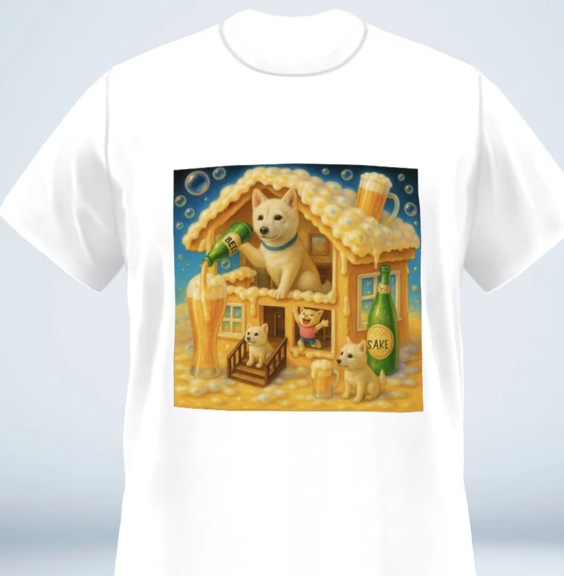 White T-shirt with a colorful illustration of puppies and a person inside a foam-covered house, with beer bottles and glasses, and bubbles.