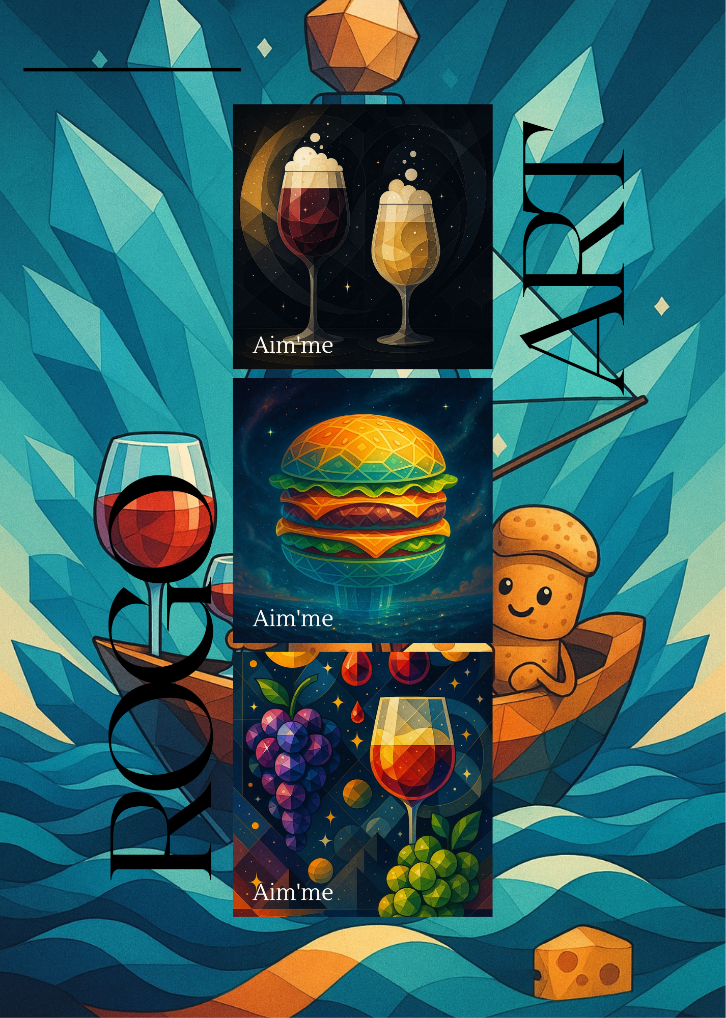 Colorful digital illustration of a person in a boat with a cheese wheel, holding a glass of red wine, surrounded by artistic images of wine, a burger, and grapes with a space theme, featuring the words 'Aim'me' and 'LOVE'.