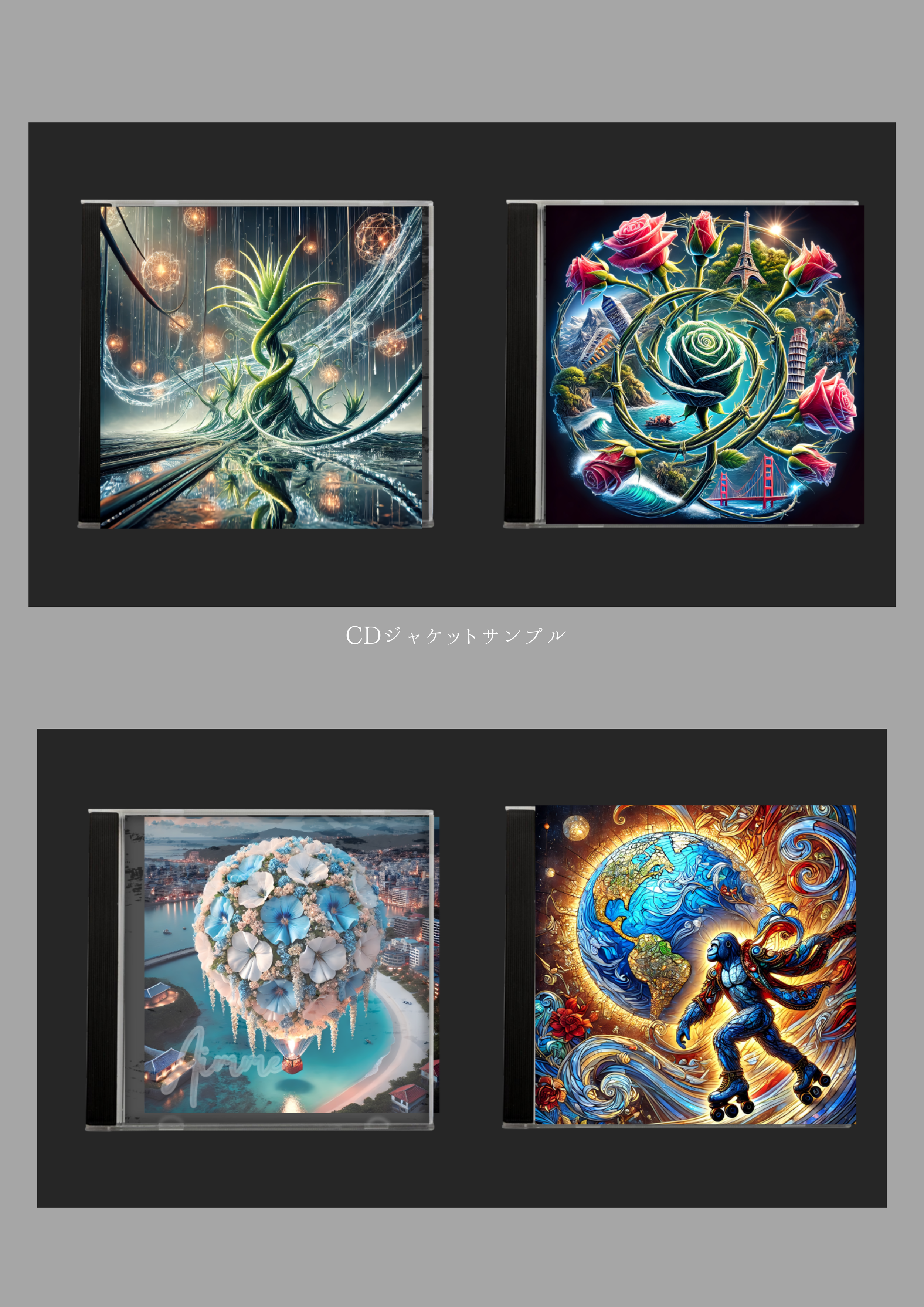 Four CD album covers with vibrant, imaginative artwork, two on the top row and two on the bottom row, separated by gray background and Japanese text.