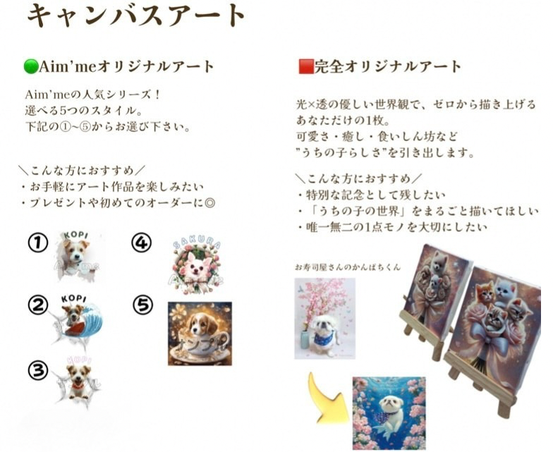 A brochure or informational sheet about canvas art, featuring options for original art and custom artwork. It includes images of cute animals, such as dogs and cats, with some images on small easels and others in flower backgrounds, and Japanese text explaining the options.