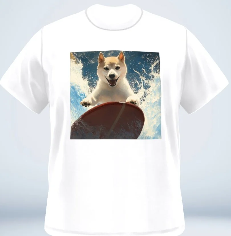 White T-shirt with a printed image of a dog surfing on a wave