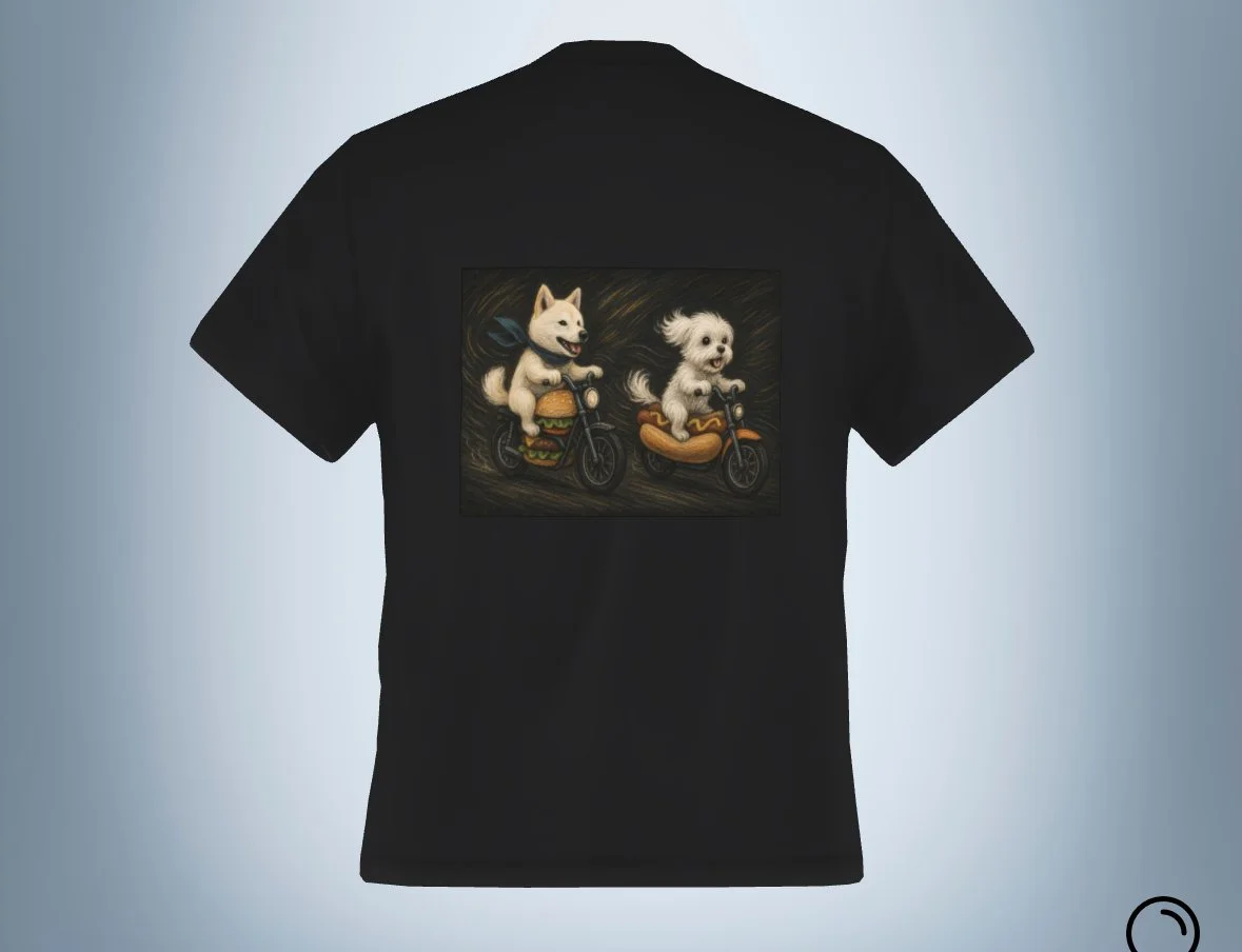 Black T-shirt with a graphic of two dogs riding bicycles, one with a hamburger and the other in a hot dog bun, on a dark background.