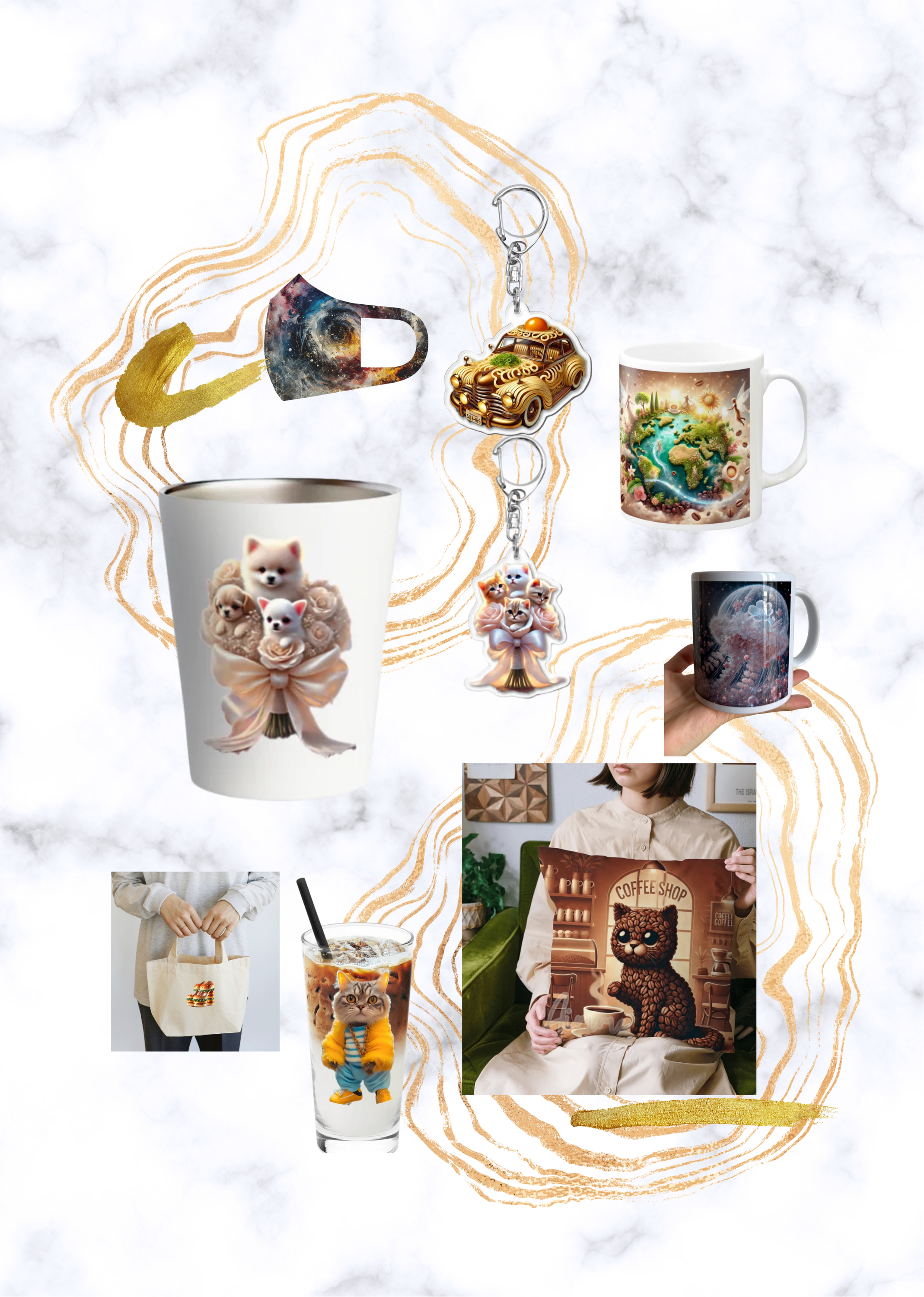Collage of various objects including a space-themed letter D, a car keychain, a globe mug, a galaxy mug, a cup with a cat and puppies design, a hand holding a galaxy mug, a tote bag, a cat-themed shirt, a glass of iced coffee with a cat doll, and colorful abstract background with decorative gold and orange accents.