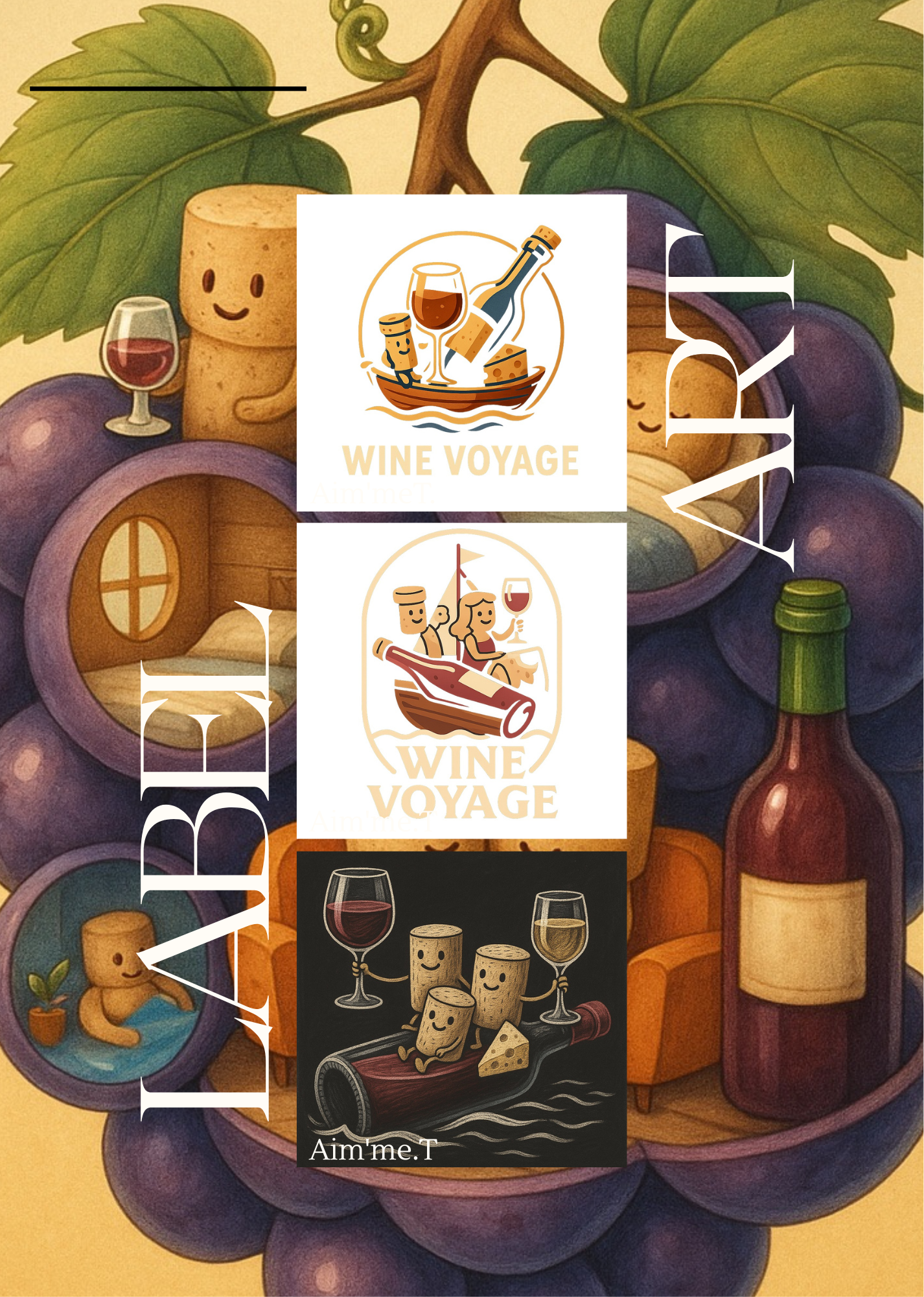 A collage featuring animated illustrations of wine and cheese, with wine bottles, glasses, and smiling cork characters, set against a background of grapes and wine-related scenes.