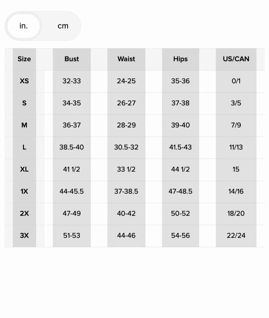 Size chart for women's clothing with measurements in inches, including bust, waist, hips, and corresponding US/Canadian sizes from XS to 3X.