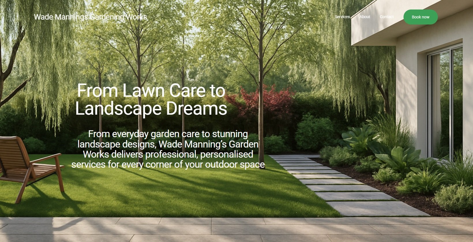 A landscaped backyard with a lawn, stone pathway, trees, shrubs, and a modern house with large glass doors.