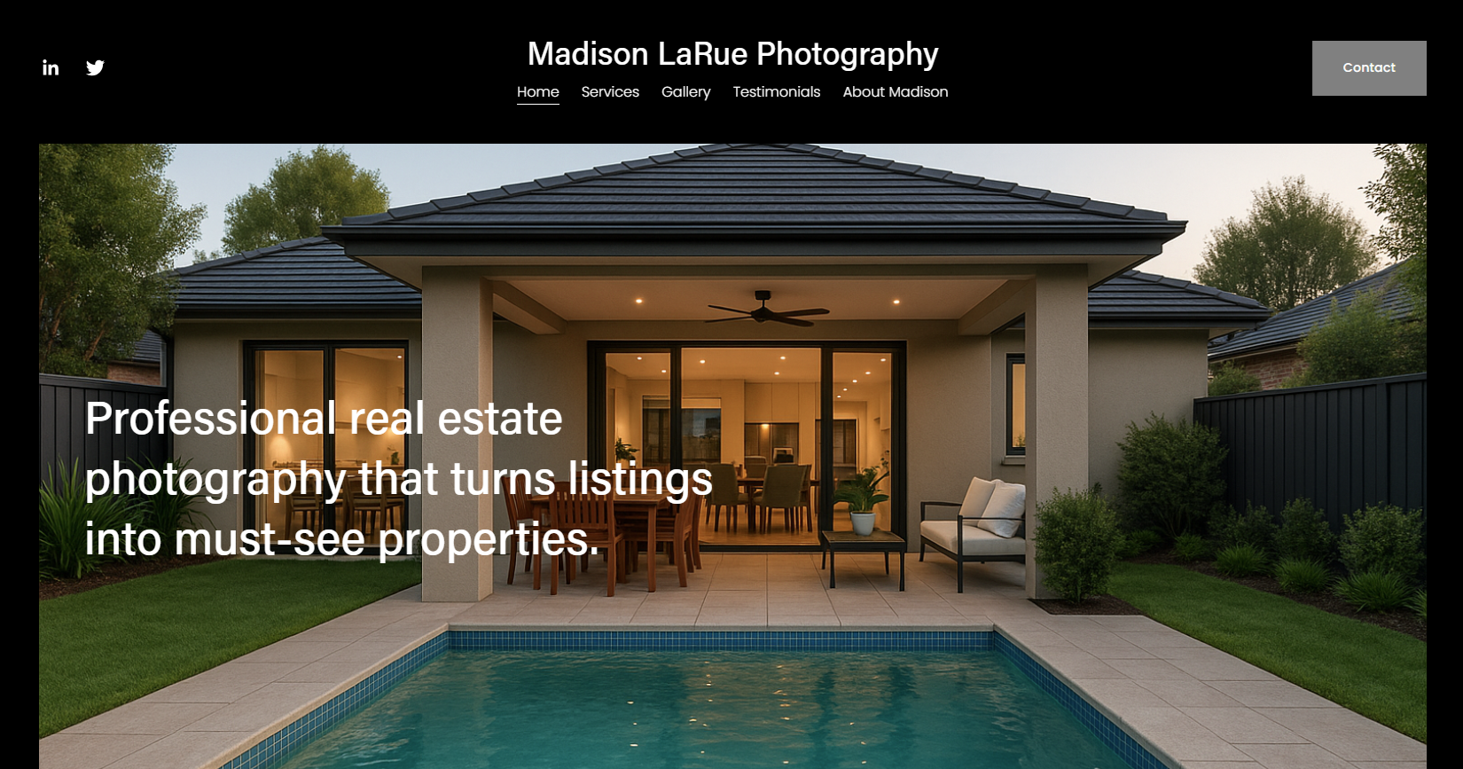 Backyard view of a modern house with a patio, glass sliding doors, outdoor furniture, and a swimming pool, during dusk.