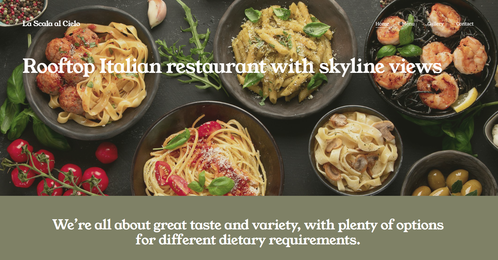 A website homepage for La Scala al Cielo, an Italian rooftop restaurant. The background features an overhead shot of various pasta dishes in black bowls, including spaghetti with meatballs, penne with basil, shrimp with black pasta, mushroom fettucci