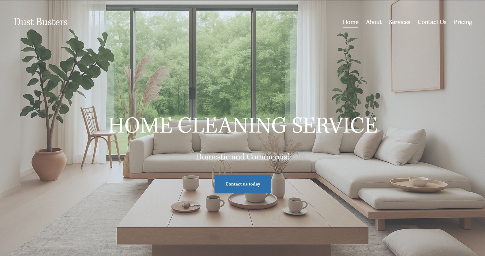 Living room with large windows, white sofa, potted plants, and coffee table with cups and bowls, advertising home cleaning service.