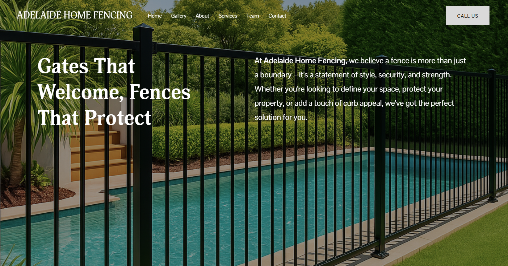 A safety fence around a backyard swimming pool with green trees in the background, promoting home fencing services.