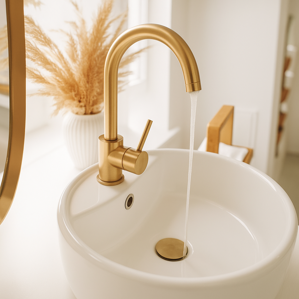 A white bathroom sink with a gold-colored faucet, with water running into it. There is a vase with decorative beige pampas grass in the background.
