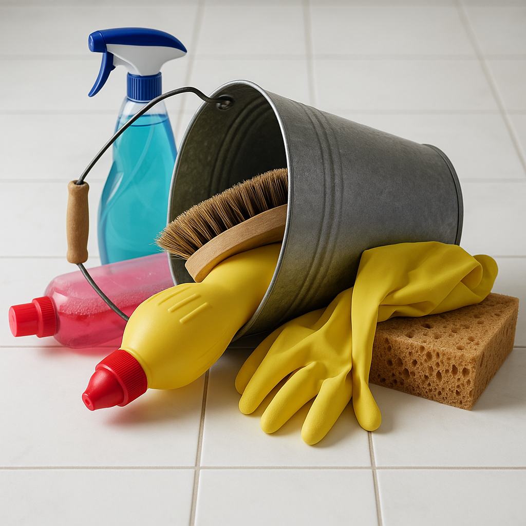 Cleaning supplies on a tiled floor, including a bucket tipped over with a scrub brush inside, rubber gloves, a sponge, spray bottles, and a squeeze bottle of cleaning liquid.