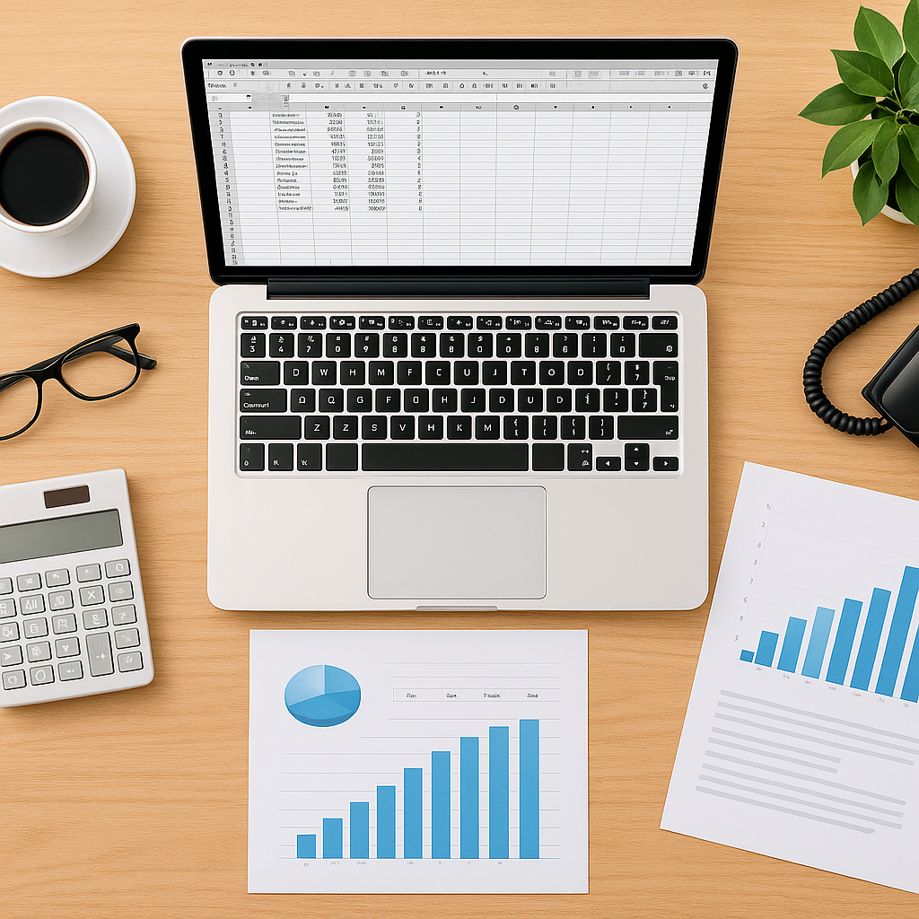 Laptop displaying a spreadsheet with data, two printed charts showing bar graphs and a pie chart, a calculator, glasses, a cup of coffee, a telephone, and a potted plant on a wooden desk.