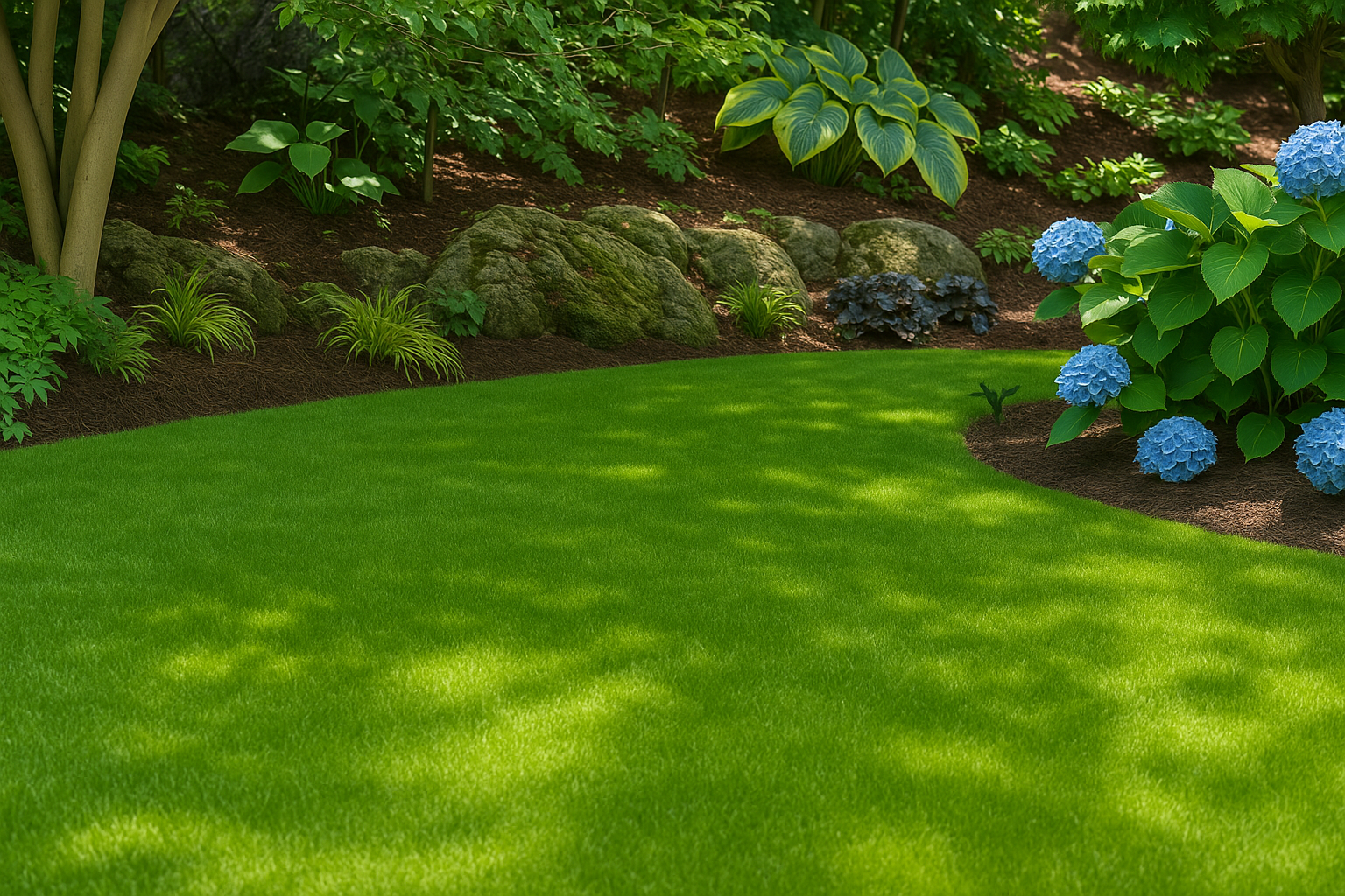 A well-maintained garden with bright green grass, blue hydrangea flowers, and various green shrubs and trees in the background.