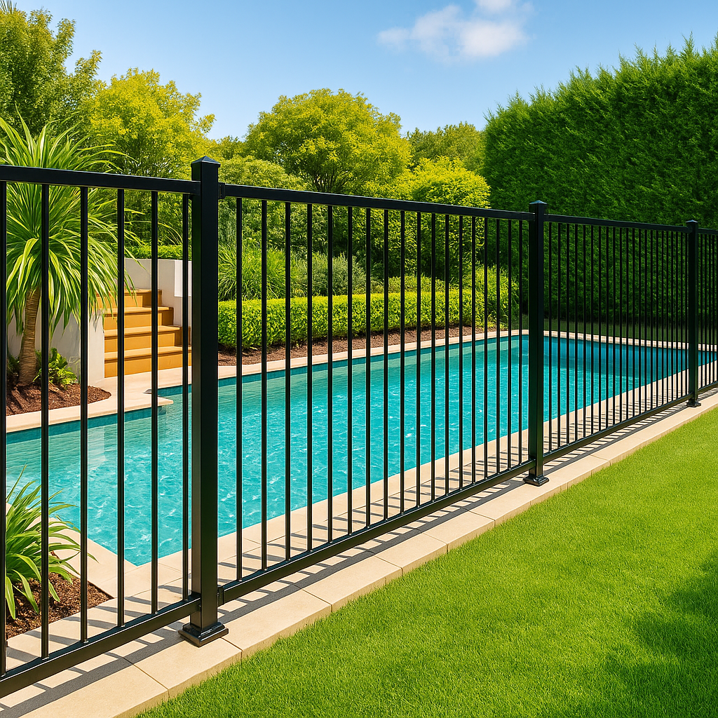 A black metal fence surrounds a swimming pool with clear blue water, adjacent to a well-manicured green lawn, with trees and bushes in the background under a partly cloudy sky.