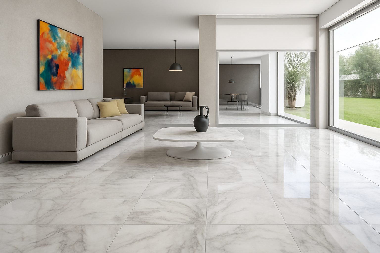 Modern living room with white marble floors, a light gray sofa with yellow pillows, abstract colorful paintings, a white coffee table with a black vase, and large glass windows showing a green outdoor space.