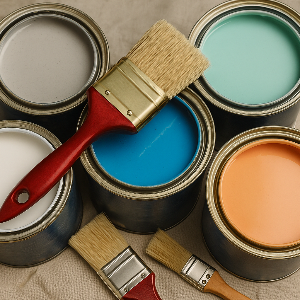 Open cans of paint in various colors with paintbrushes on a surface.