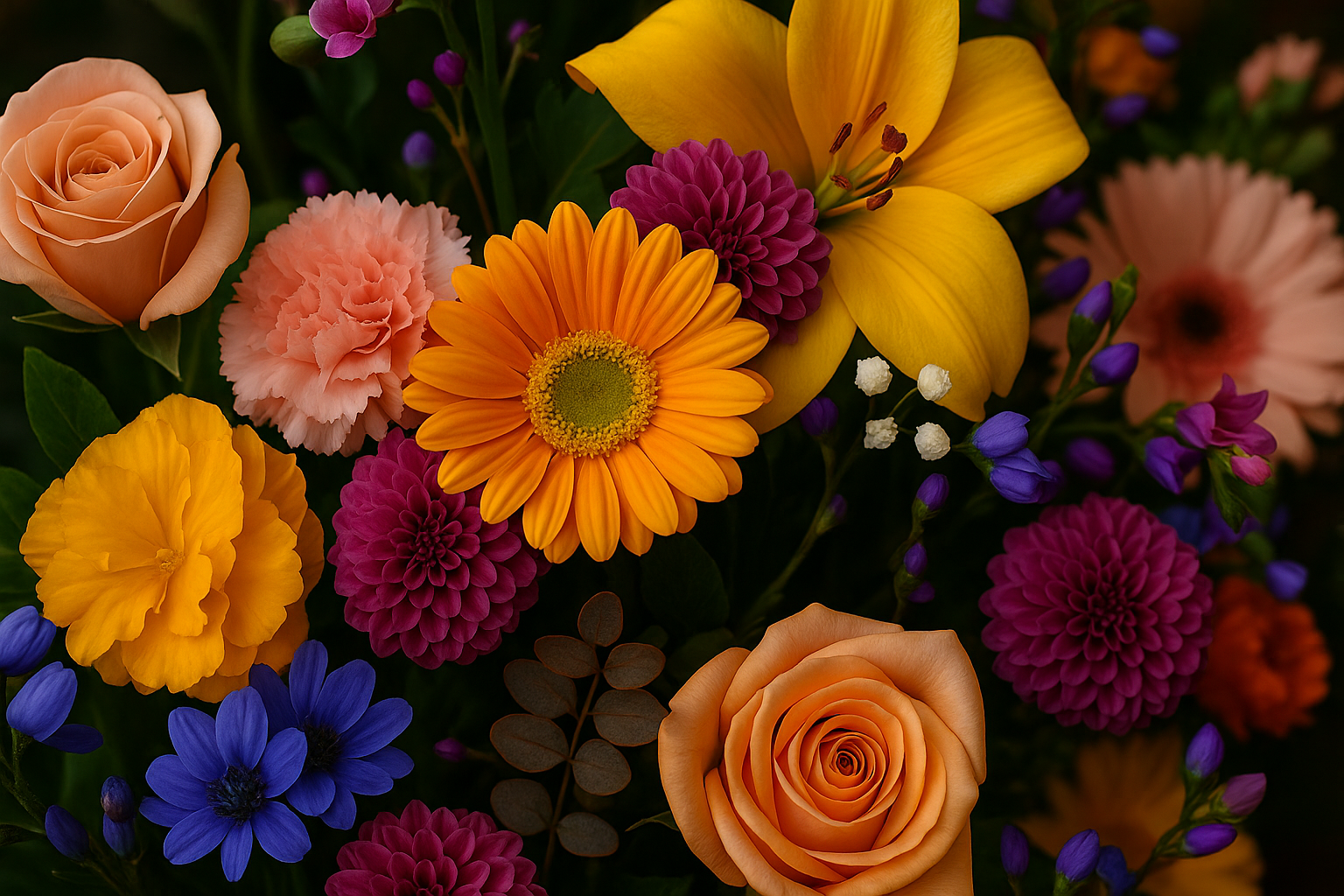 A colorful bouquet of flowers including peach roses, pink carnations, orange gerbera daisies, yellow lilies, blue asters, purple dahlias, and small white and purple filler flowers.