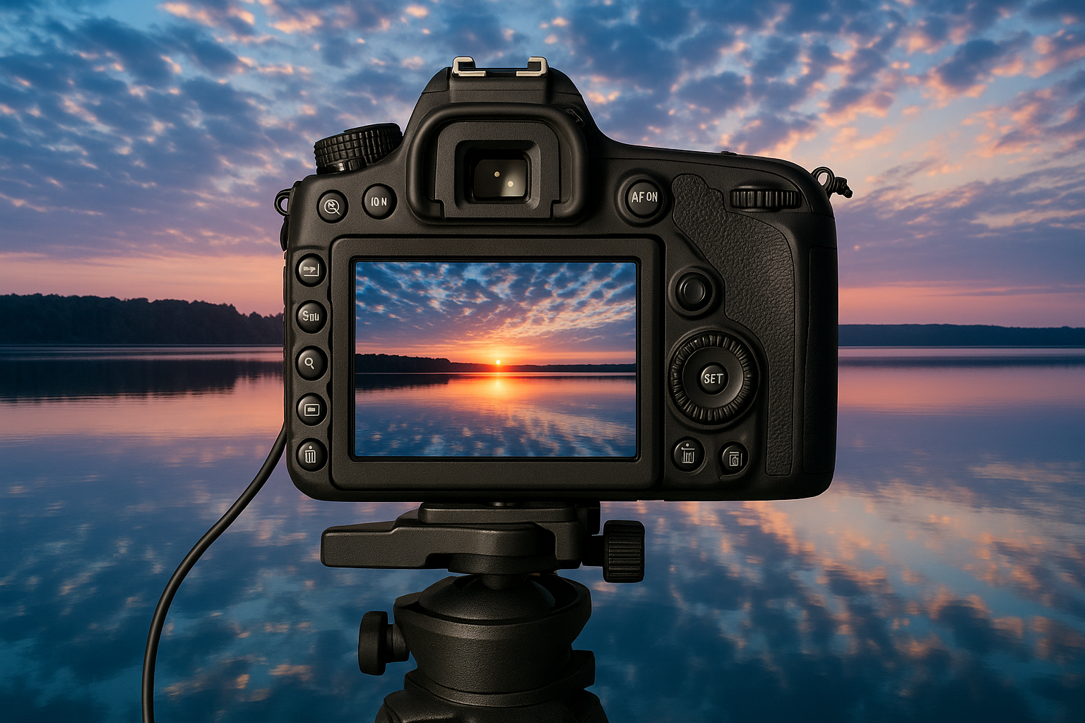 A camera on a tripod capturing a sunset over a lake, with the view of the sunset and sky reflected in the water.