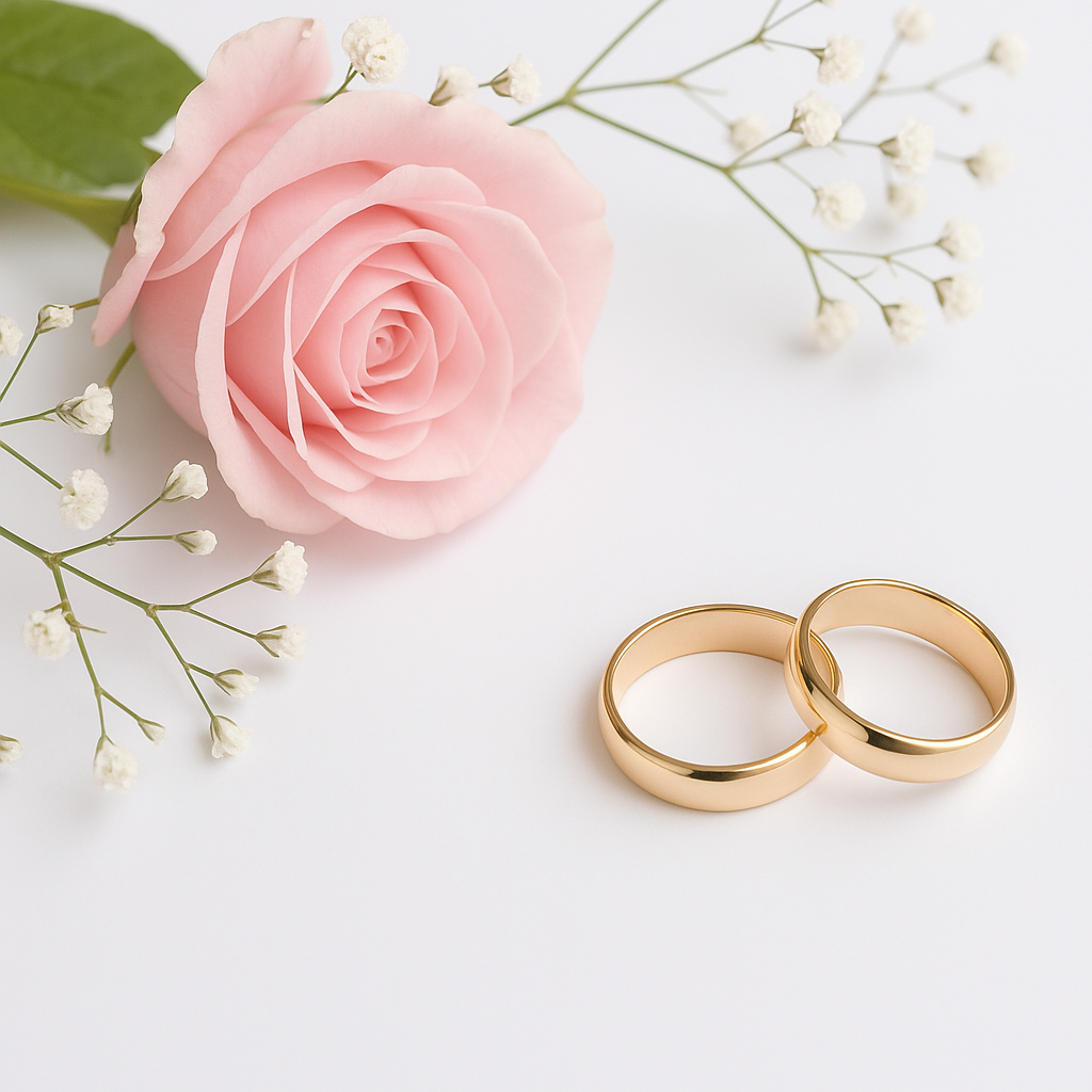 A pink rose and white baby's breath flowers with two gold wedding rings on a white background.