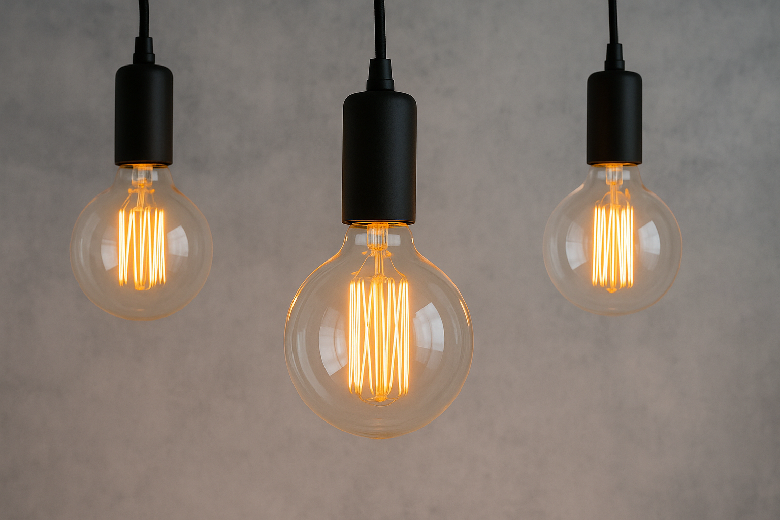 Three illuminated Edison-style filament light bulbs hanging from black cords against a grey background.