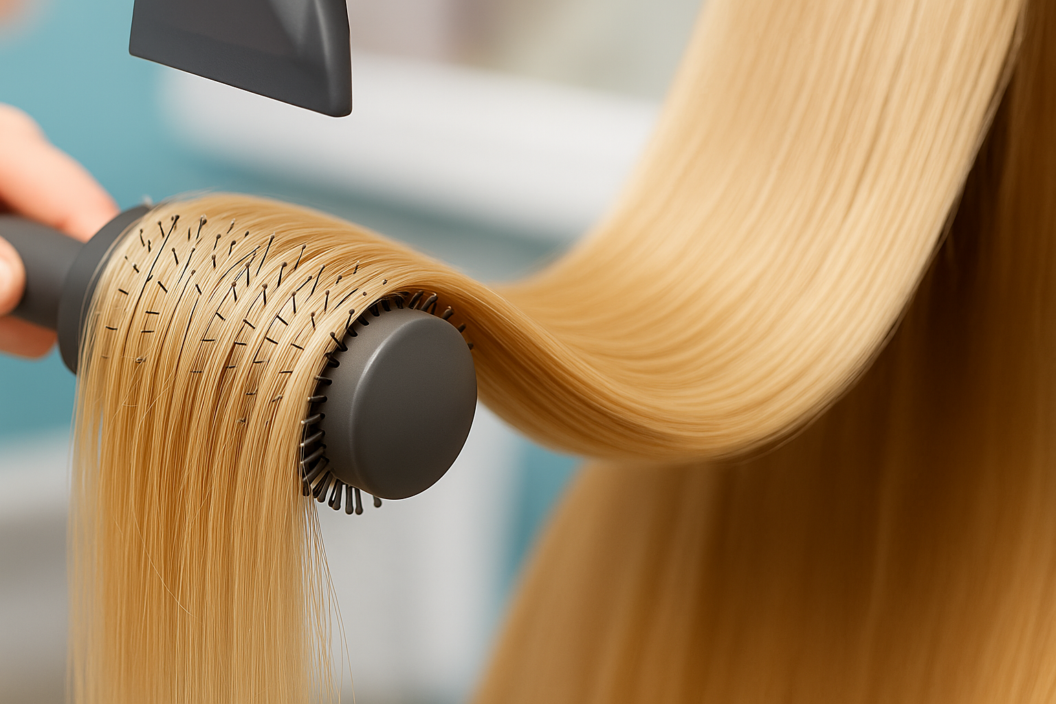 Close-up of a person using a hair roller to curl long, blonde hair.