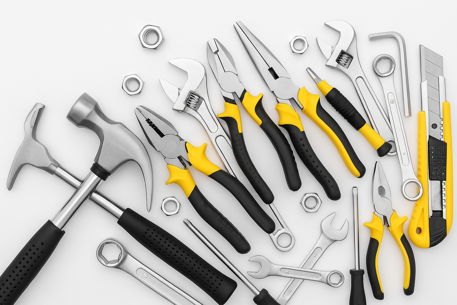Arrangement of various hand tools including pliers, hammers, wrenches, screwdrivers, a utility knife, and nuts on a white background.