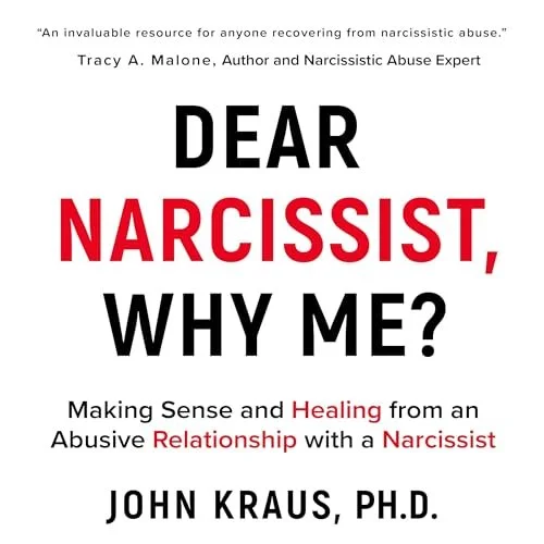 Book cover titled "Dear Narcissist, Why Me?" by John Kraus, Ph.D., with a quote praising the book as a resource for recovering from narcissistic abuse.