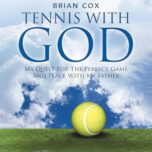 Book cover titled "Tennis with God" by Brian Cox, showing a large tennis ball on a green field under a blue sky with clouds.
