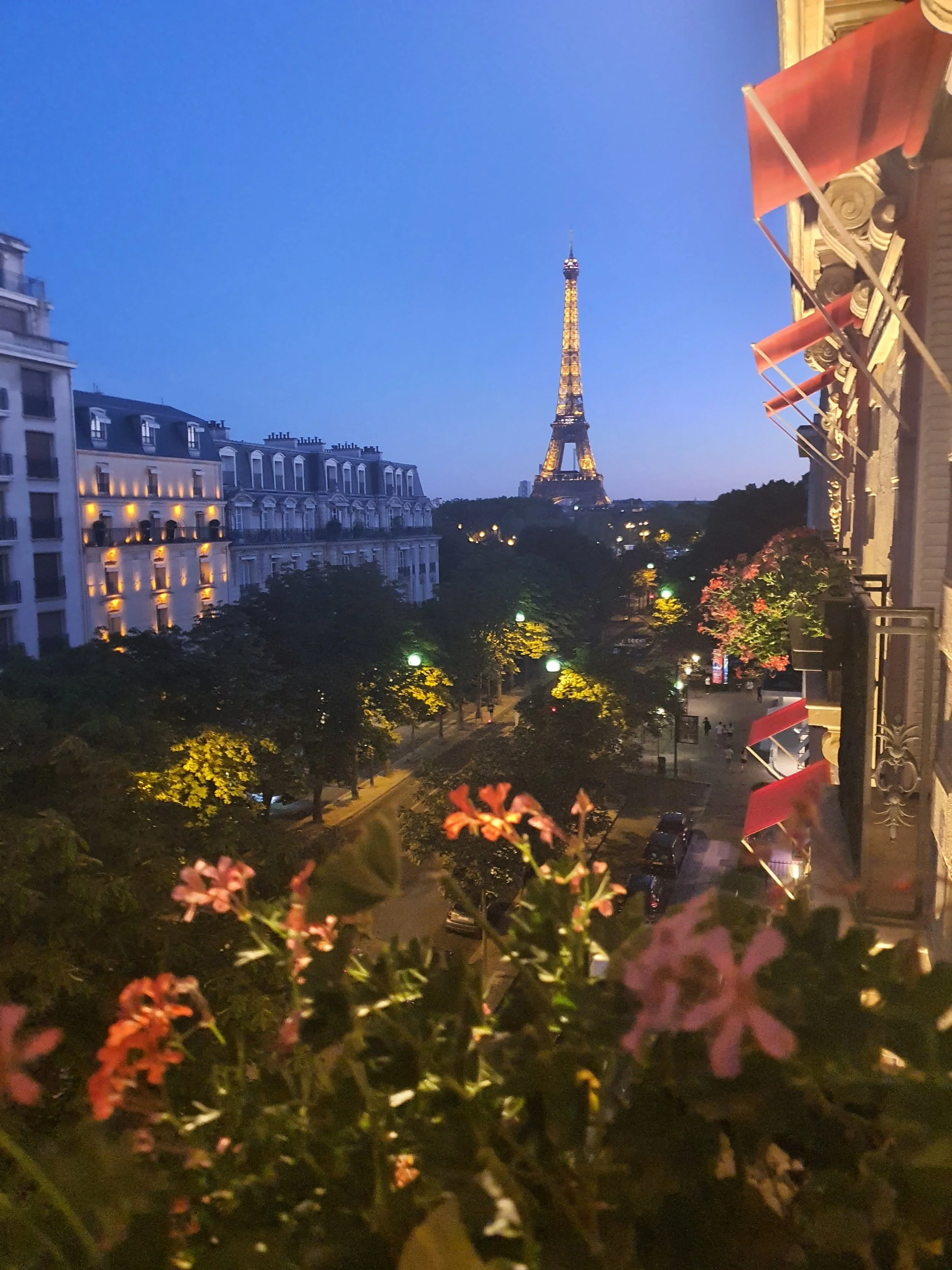 Eiffel Tower views from balcony at Hotel Plaza Athénée