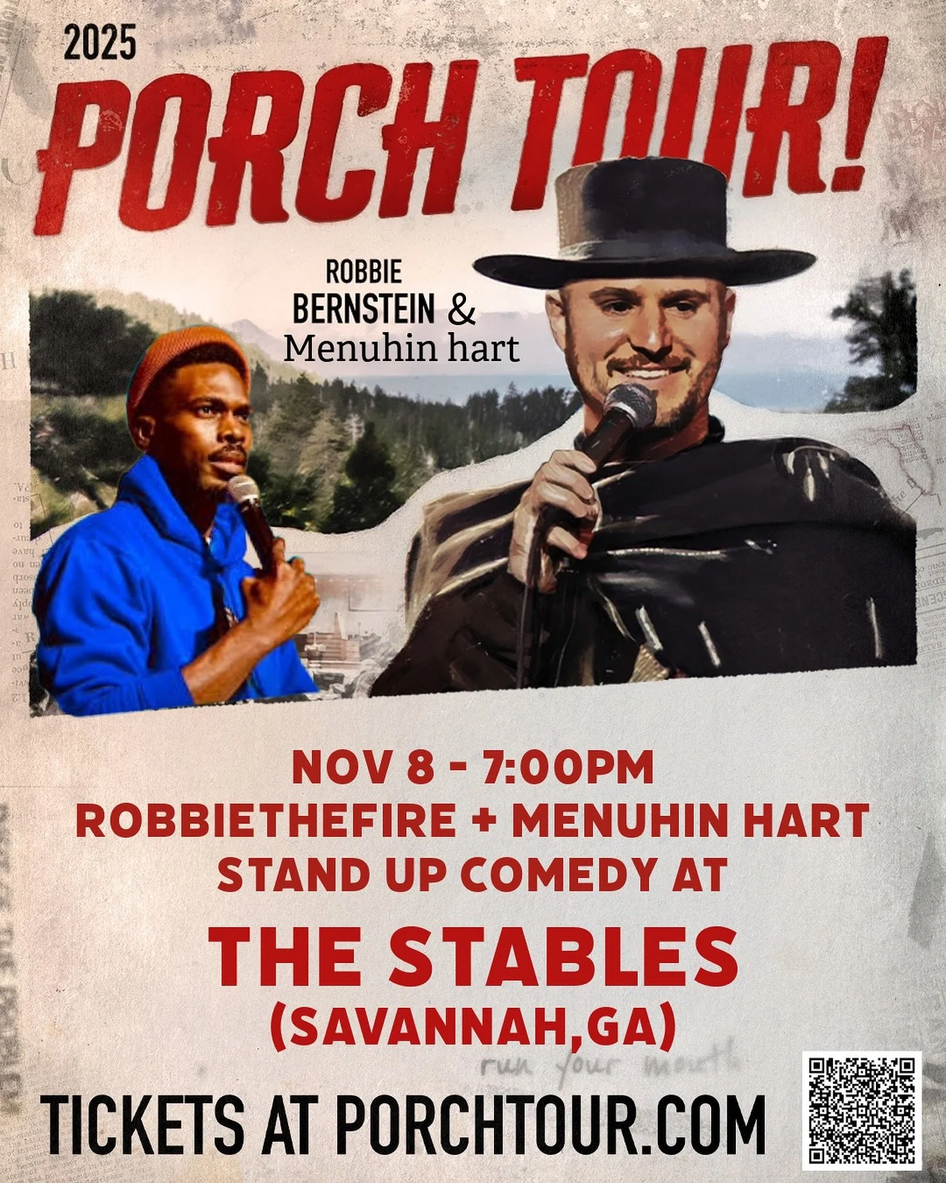 The Porch Tour stops in Savannah! Don’t miss @robbiethefire and Menuhin Hart live at The Stables, Friday, November 8th at 7PM.
Come out and laugh with us. ❤️‍🔥🔥❤️‍🔥
Buy your tickets at porchtour.com