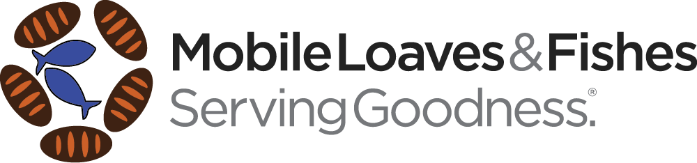 Logo of Mobile Loaves & Fishes featuring stylized fish and loaves of bread with the tagline "Serving Goodness."