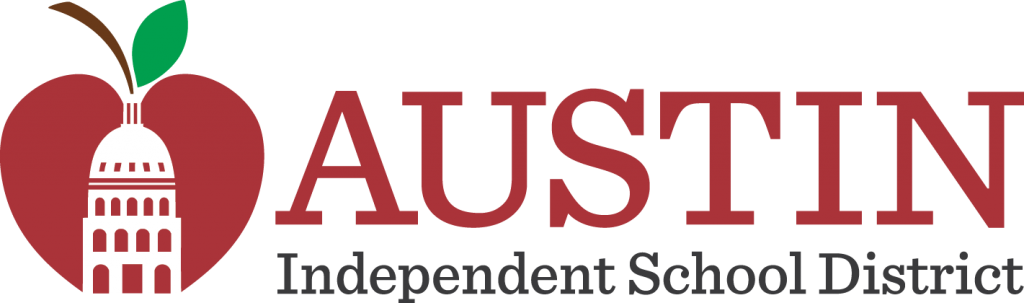 Logo of Austin Independent School District featuring a heart with a stylized Capitol building and a leaf, with text 'AUSTIN' and 'Independent School District'.