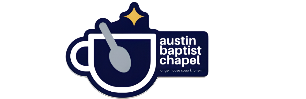 Logo of Austin Baptist Chapel's Angel House Soup Kitchen, featuring a navy blue coffee mug with a spoon, a star, and text.