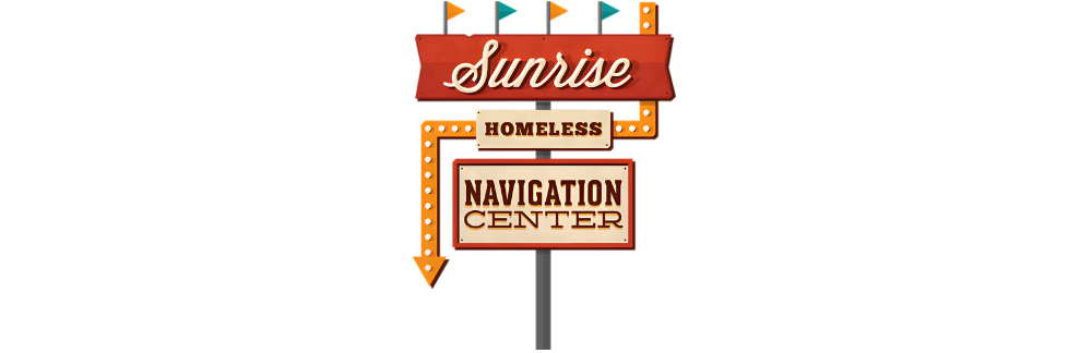 Marquee sign with colorful books on top, reading 'Sunrise Homeless Navigation Center'.