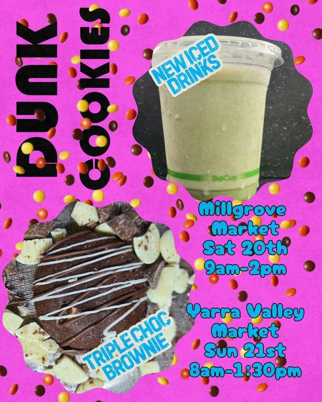 Can wait to see you this weekend at the @millgrovemarket and the@yarravalley_farmersmarket . We'll have our iced drinks and it'll be the last time to grab our limited edition Peanut Butter Brownie cookies these markets