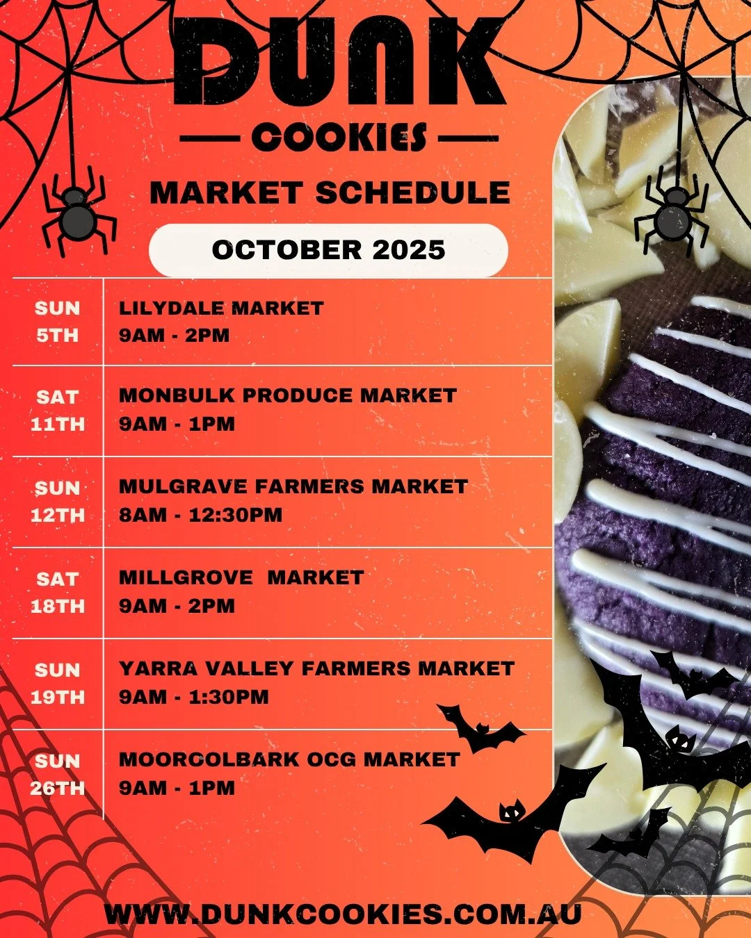 Lots of great markets this October. Keep an eye out for our halloween inspired cookies which will be available all month long
