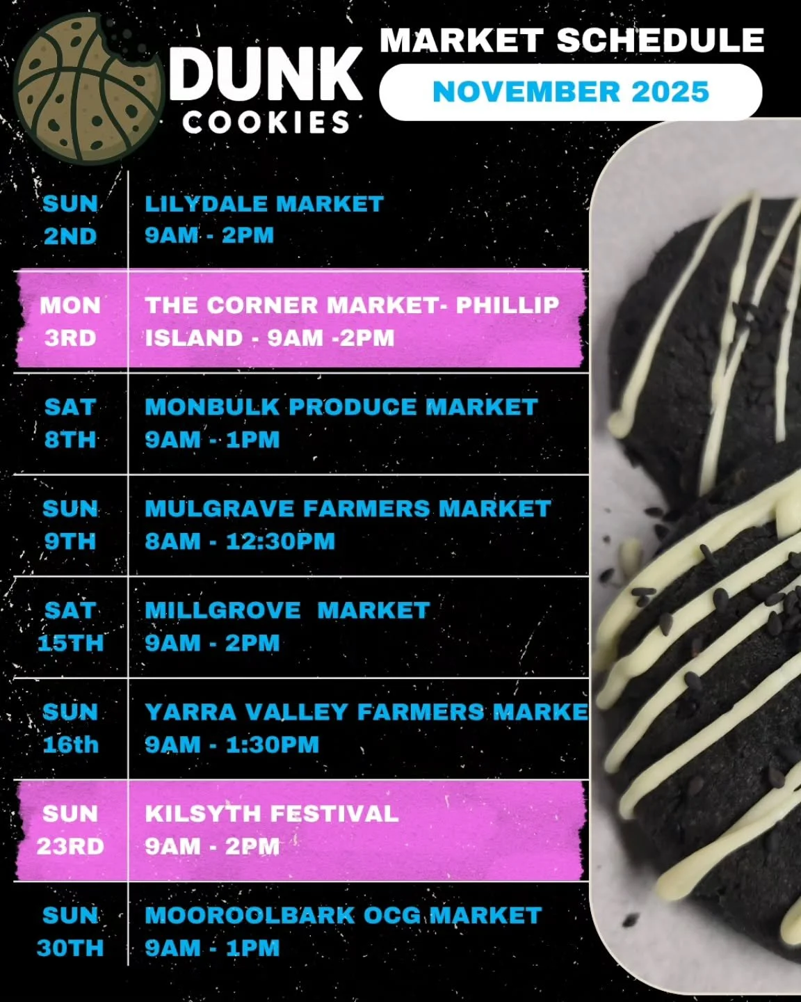 November's market schedule is jam-packed! We'll be at our usual monthly markets along with some  exciting additions like the @the.corner.market.lnt Corner Market at Phillip Island this Monday and the Kilsyth Festival on Sunday 23rd.