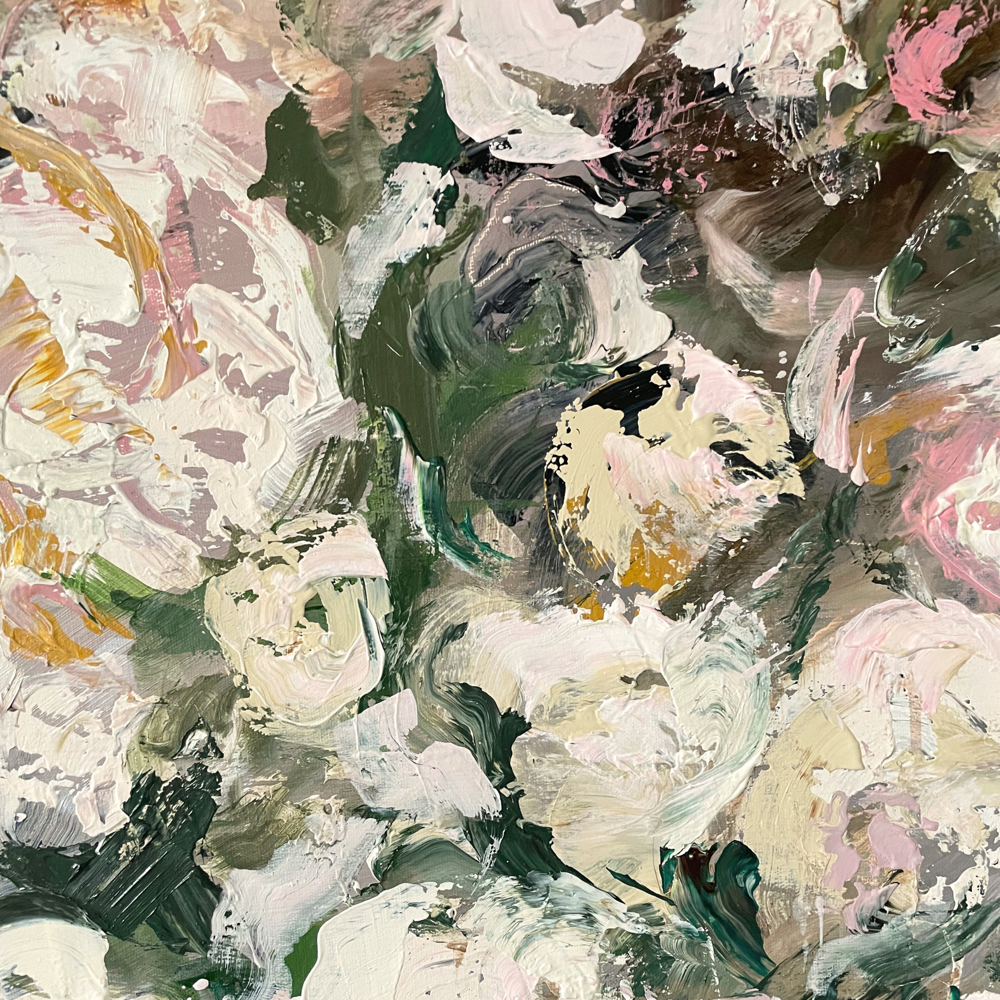 detail photo of a floral painting on canvas, showing texture and brushstrokes