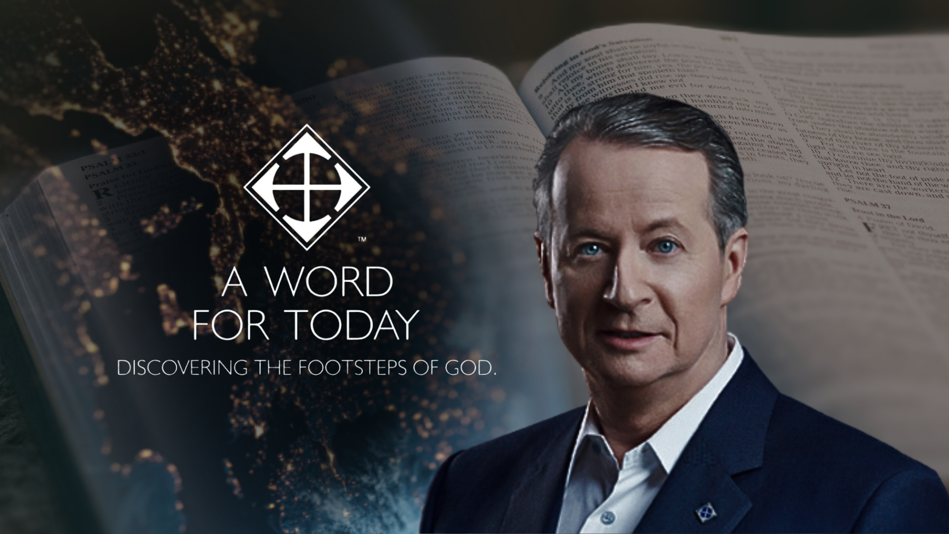 A promotional image for the show "a word for today" with text that reads "Discovering the Footsteps of God" with a geometric symbol above the text.