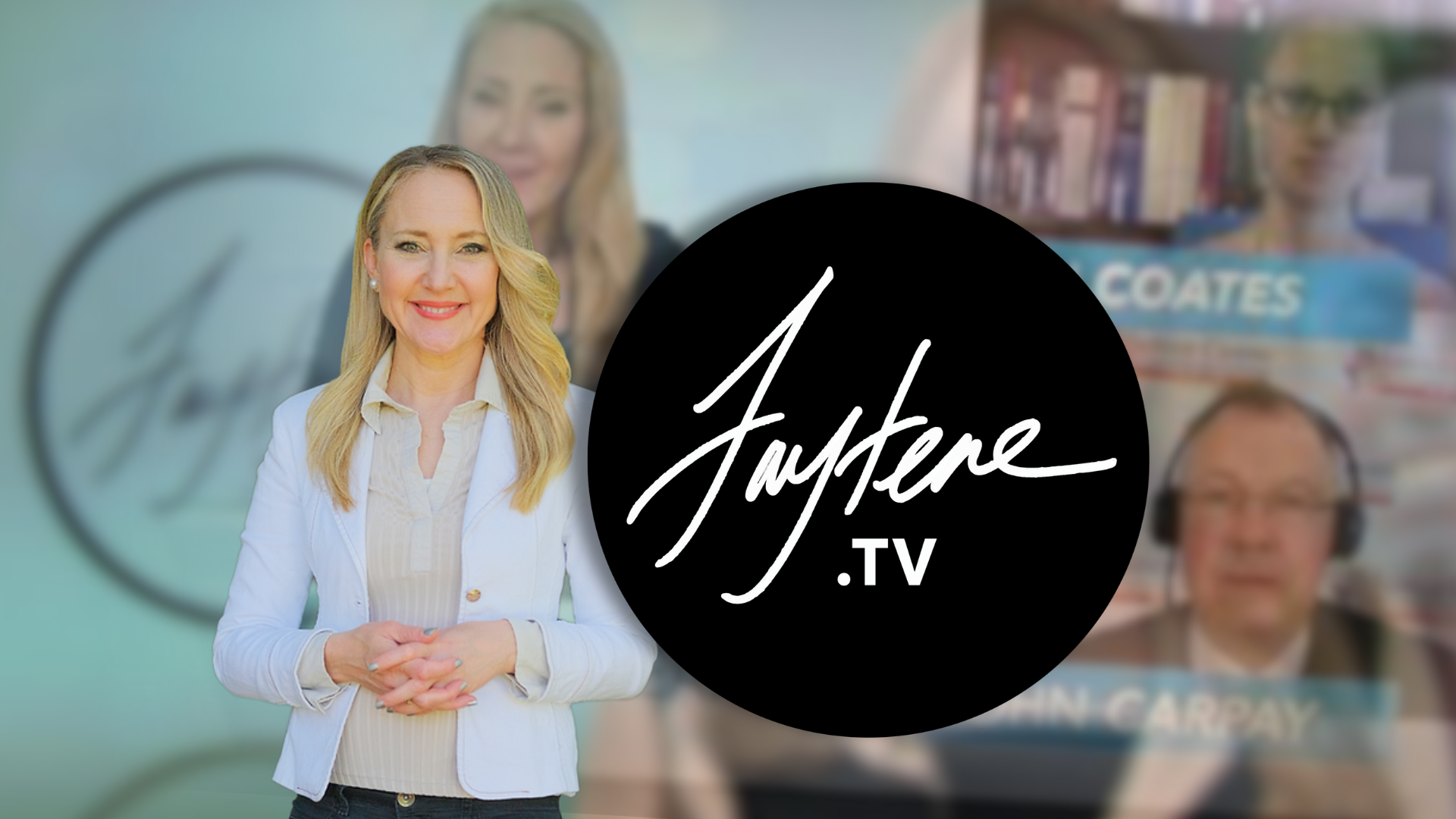 A woman with blonde hair, Faytene, wearing a white blazer, smiling with hands clasped, standing in front of a blurred background with two other women and a man wearing headphones.